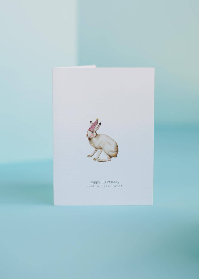 birthday card, vintage illustration of rabbit wearing a party hat