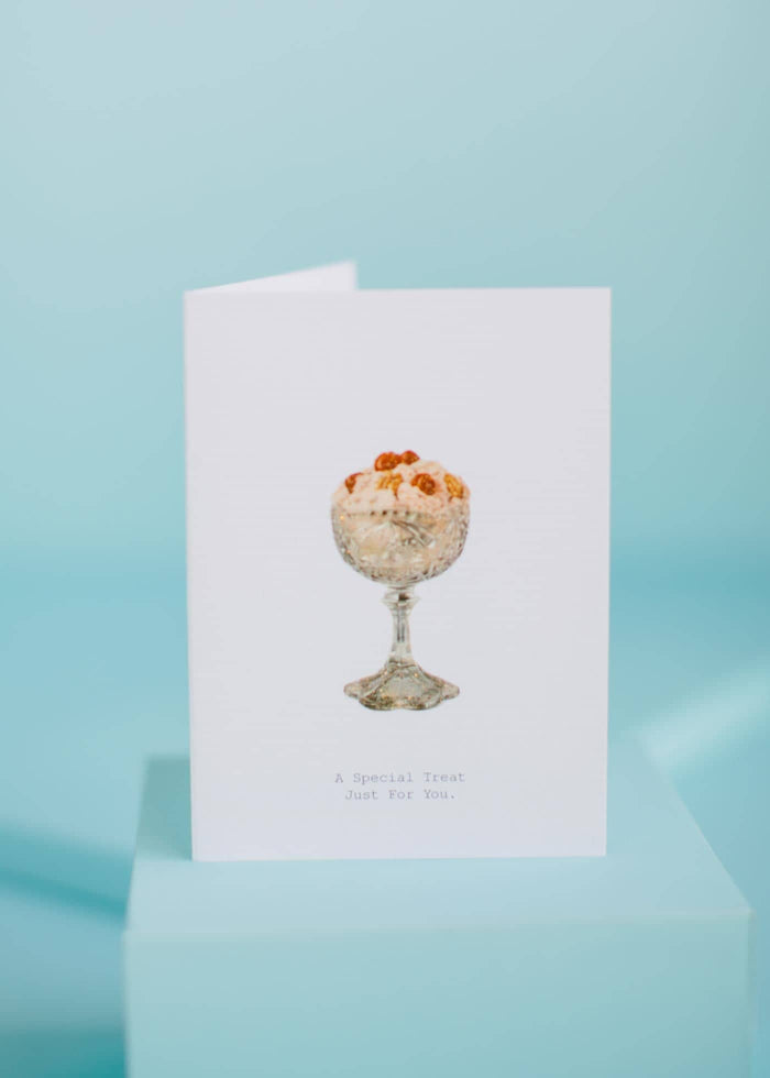 greeting card, front view, vintage illustration of ice cream sundae